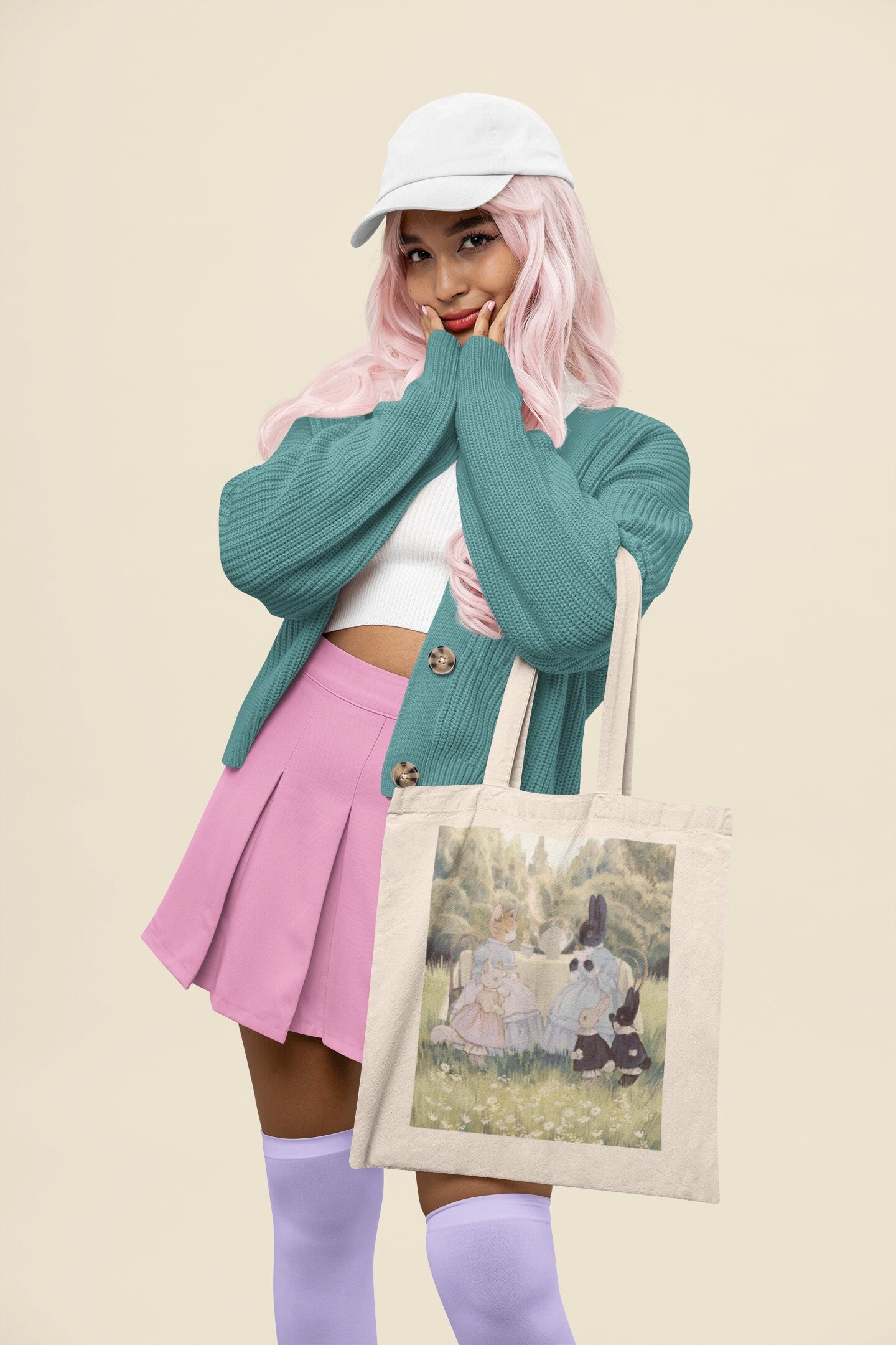 Cute Cat and Bunny Tea Party Tote Bag