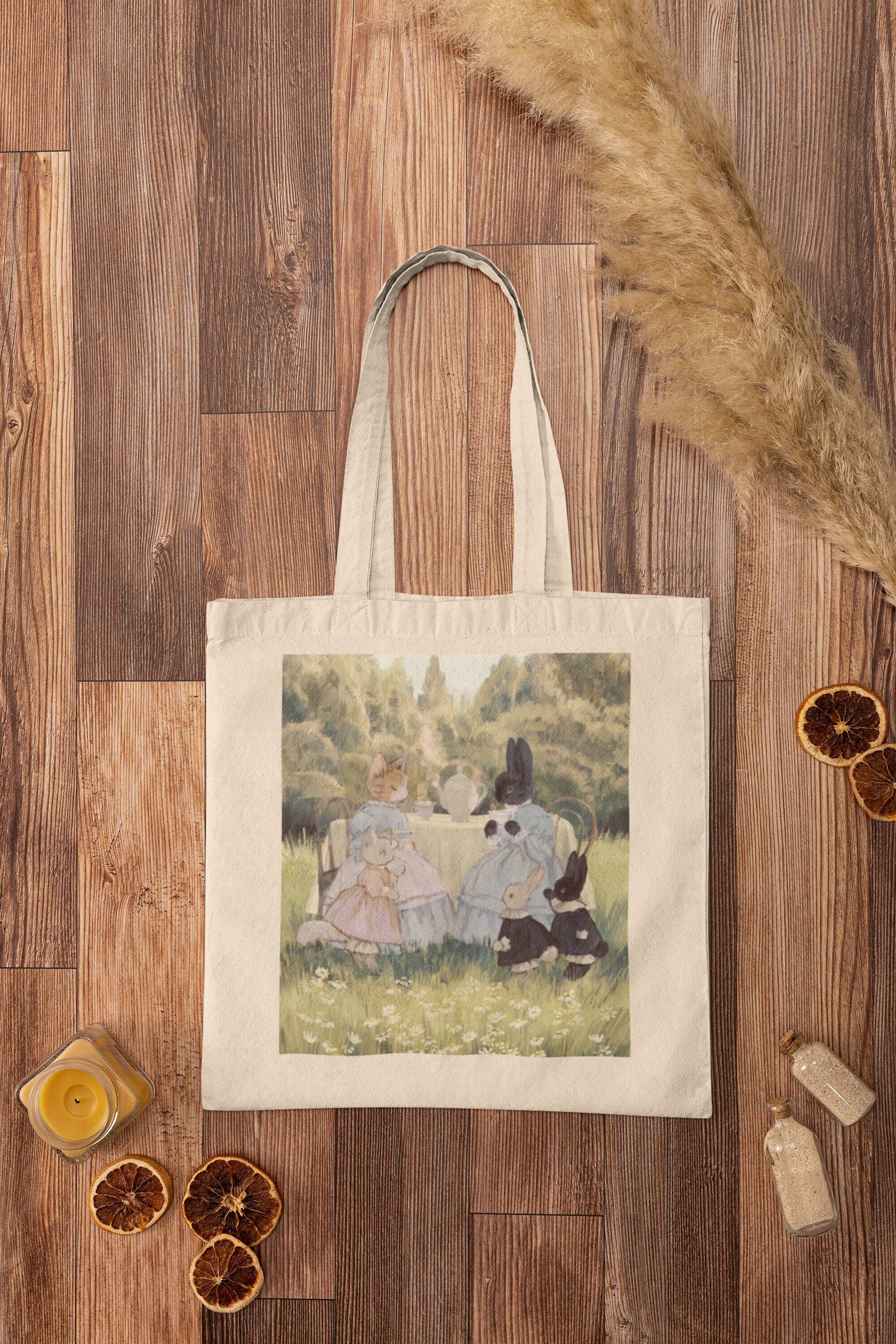 Cute Cat and Bunny Tea Party Tote Bag