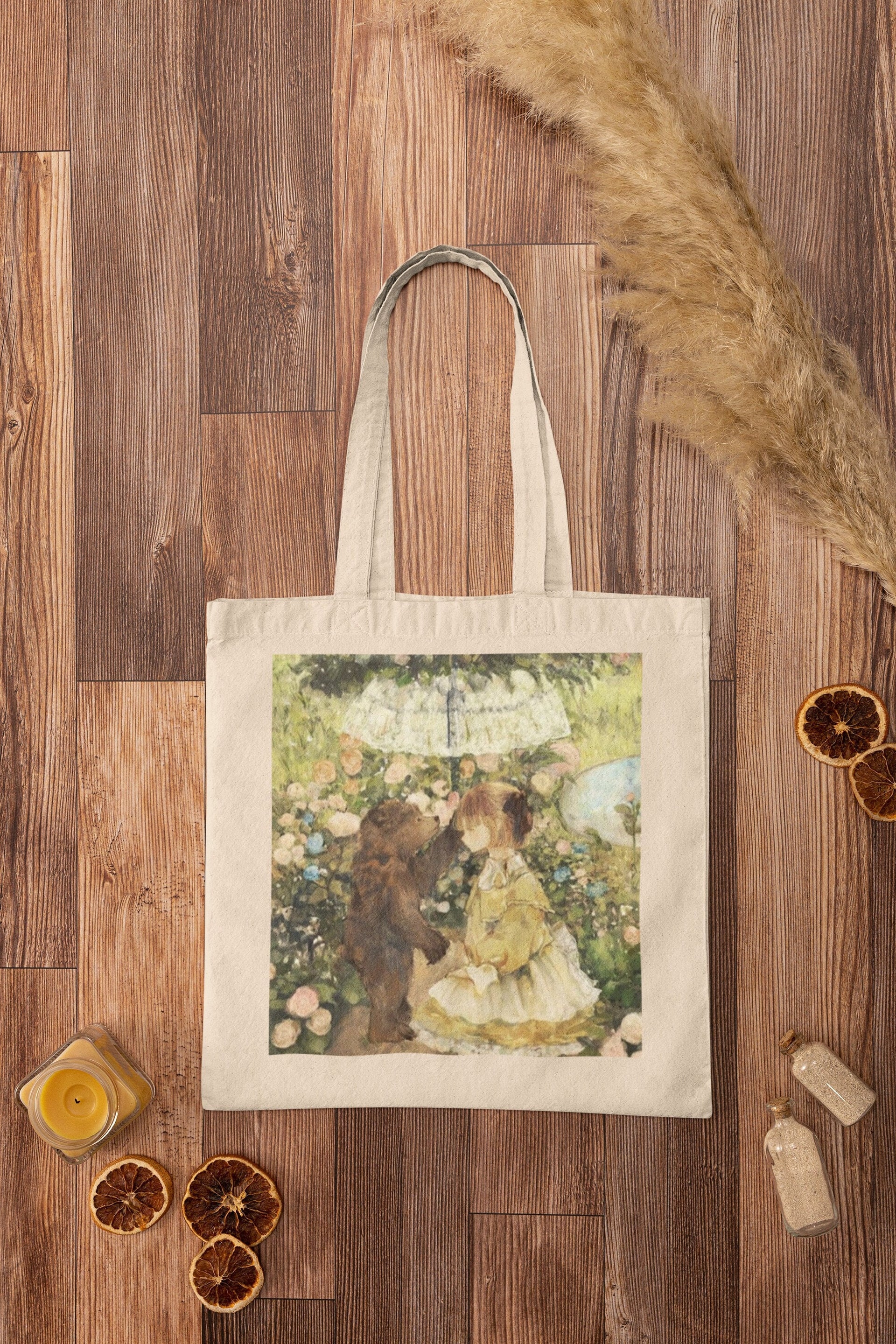 Cute Floral Girl and Bear Tote Bag