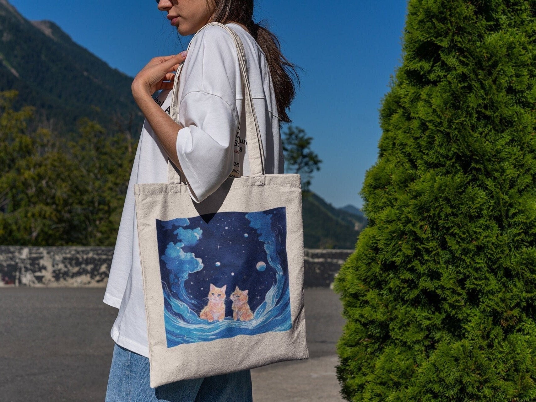 Blue Galaxy Kitties Tote Bag