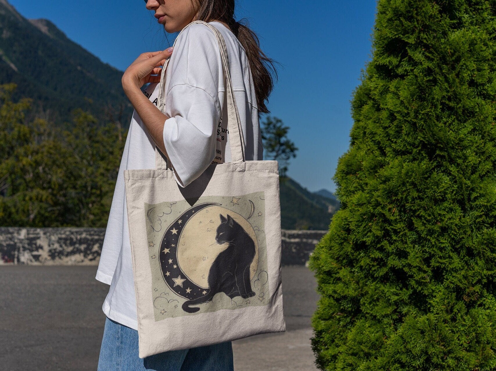 Cat and Moon Celestial Tote Bag
