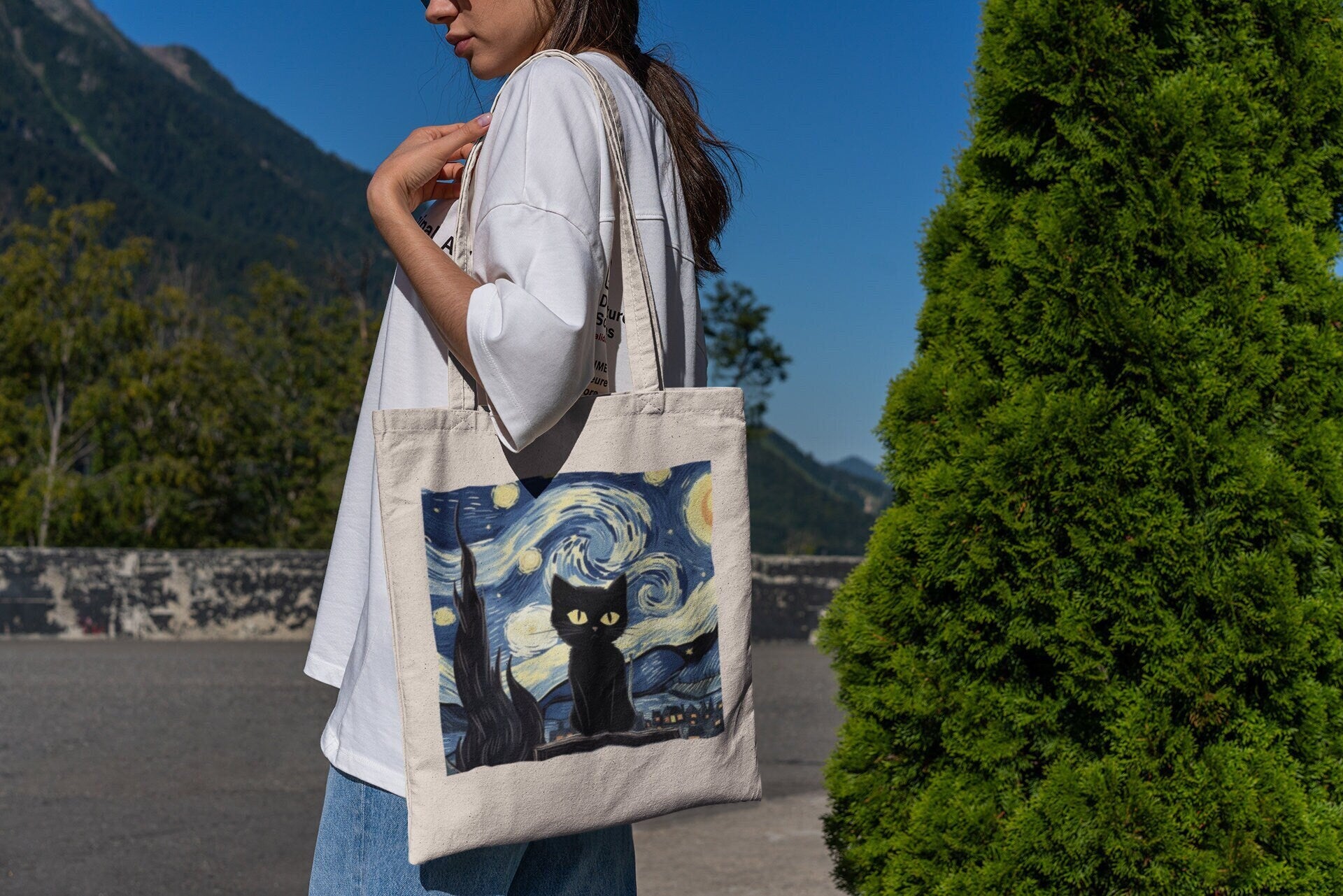 Black Kitty Van Gogh Tote Bag