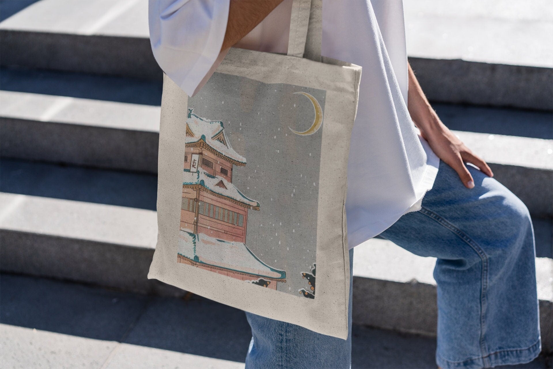 Snowy Night in Japan Tote Bag