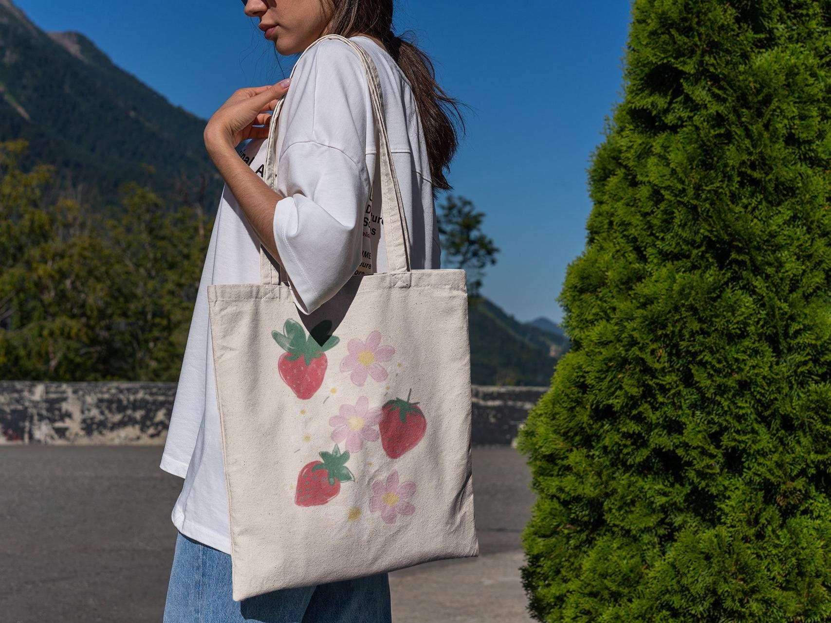 Strawberry Flower Tote Bags