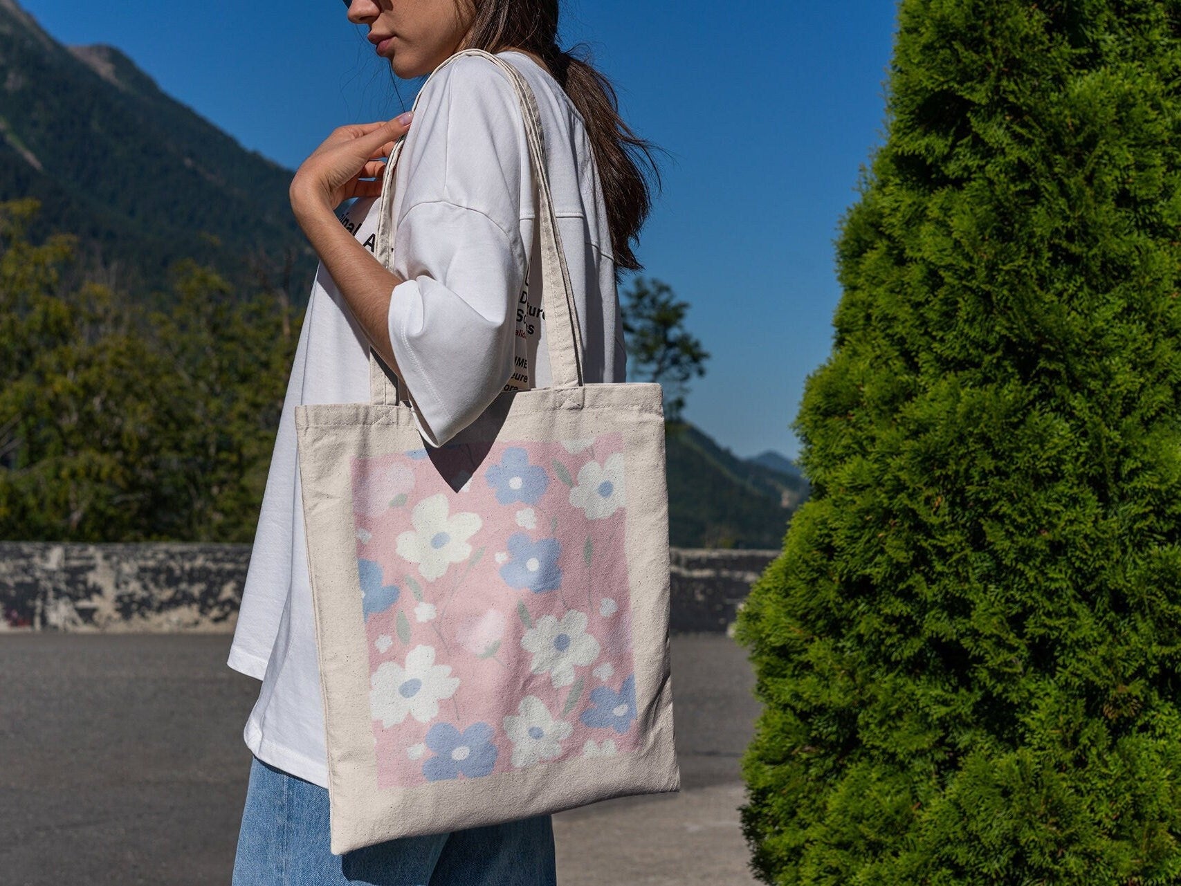 Pink and Blue Flower Tote Bag