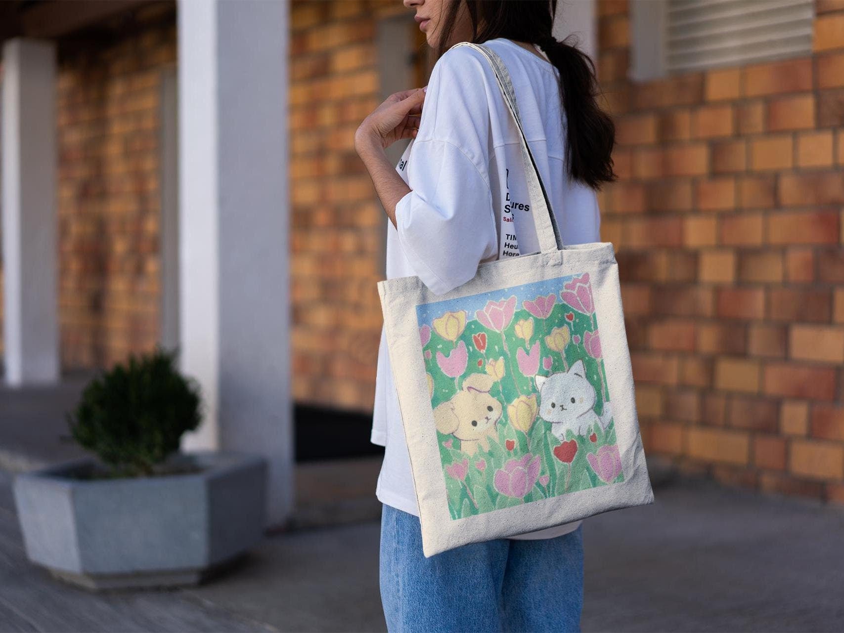 Puppy and Kitty Meadow Tote Bag