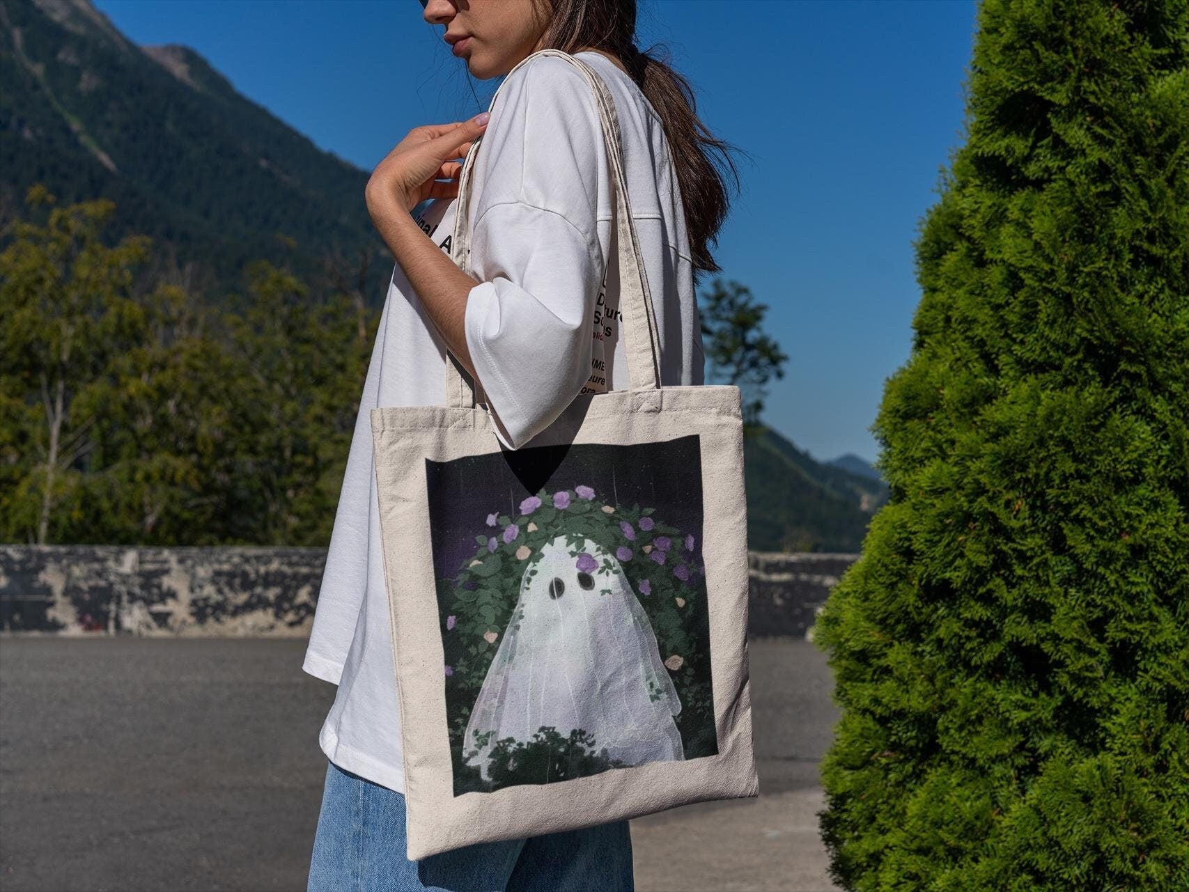 Floral Halloween Ghost Tote Bag