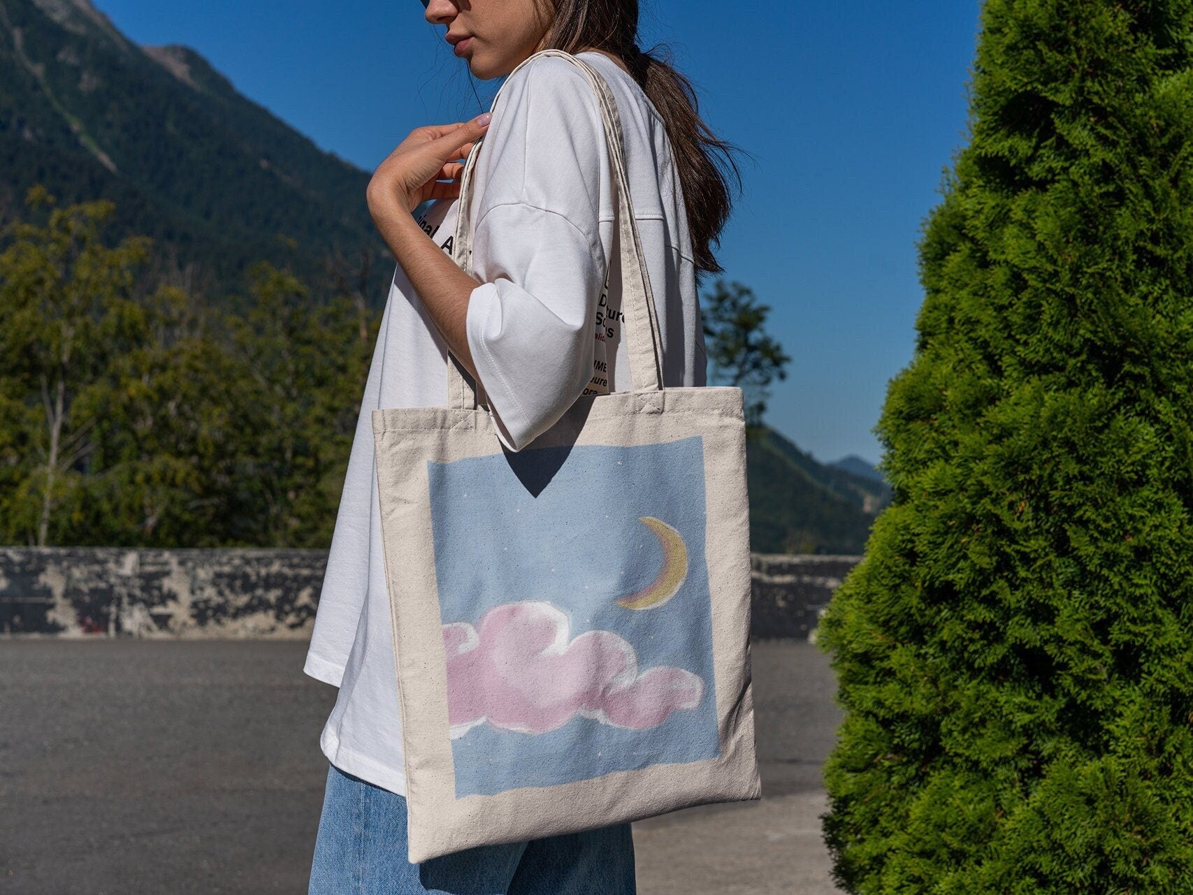 Pink Cloud & Moon Tote Bag