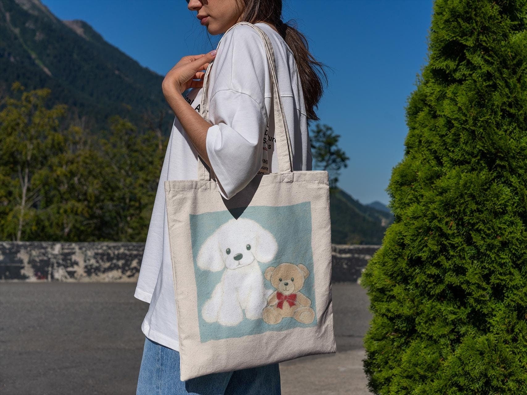 White Poodle and Brown Bear Tote Bag