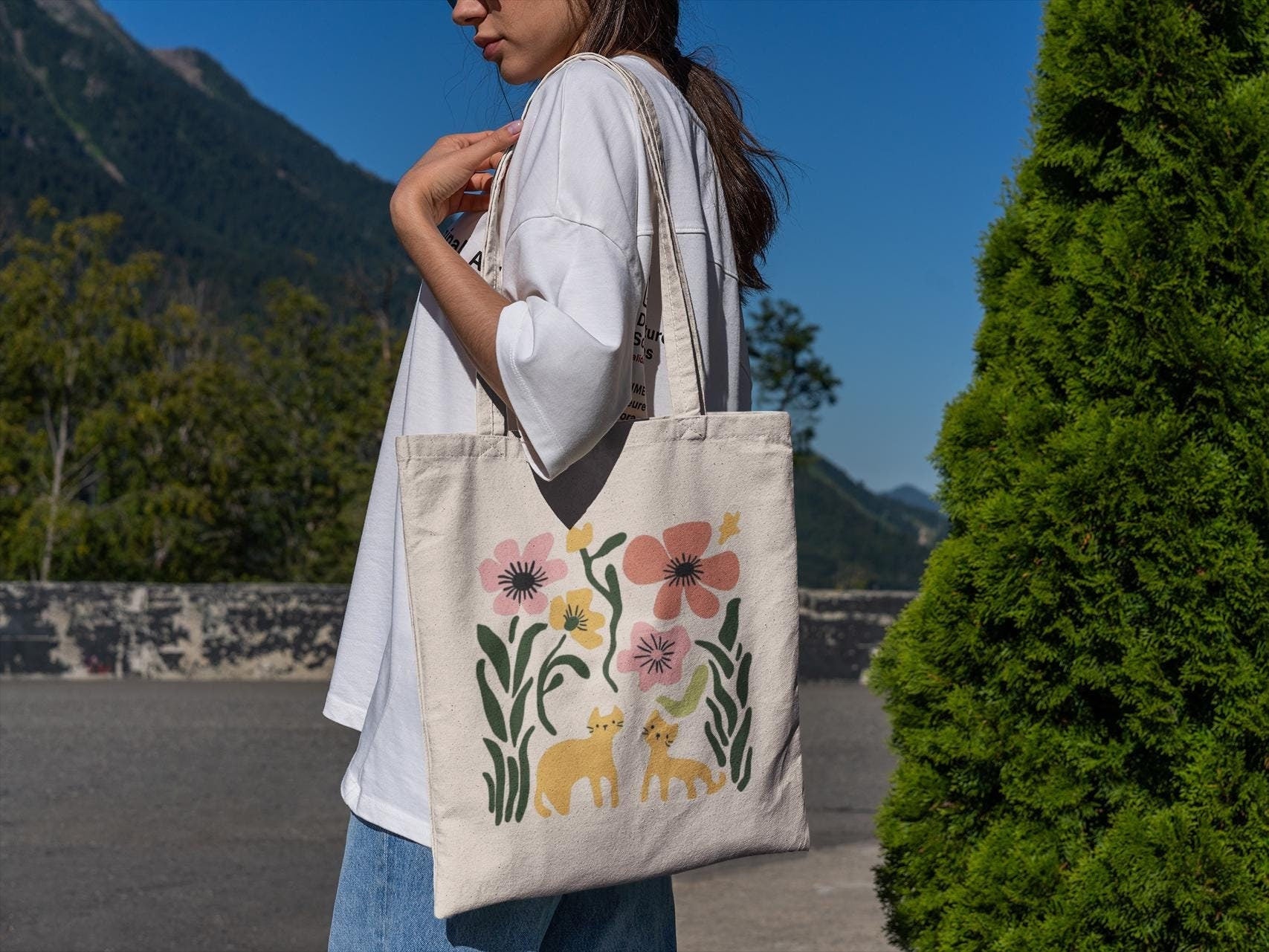 Cat and Floral Aesthetic Tote Bag