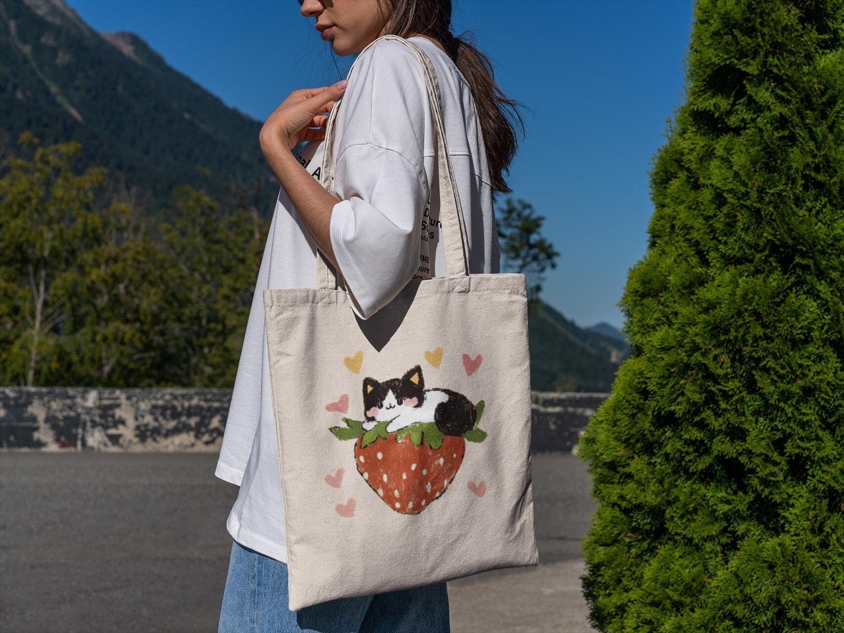 Strawberry Kitty Hearts Tote Bag