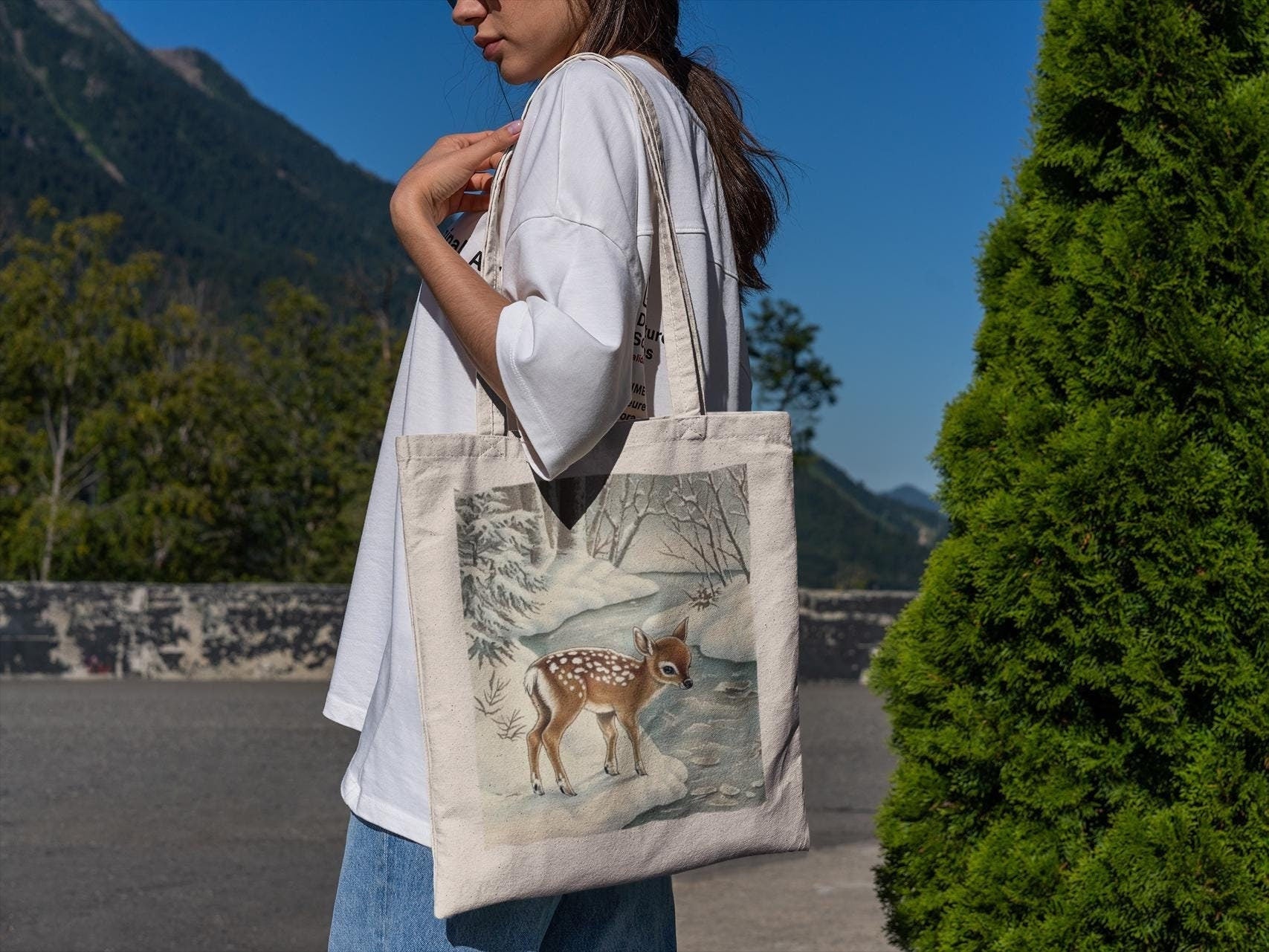 Snowy Deer Tote Bag