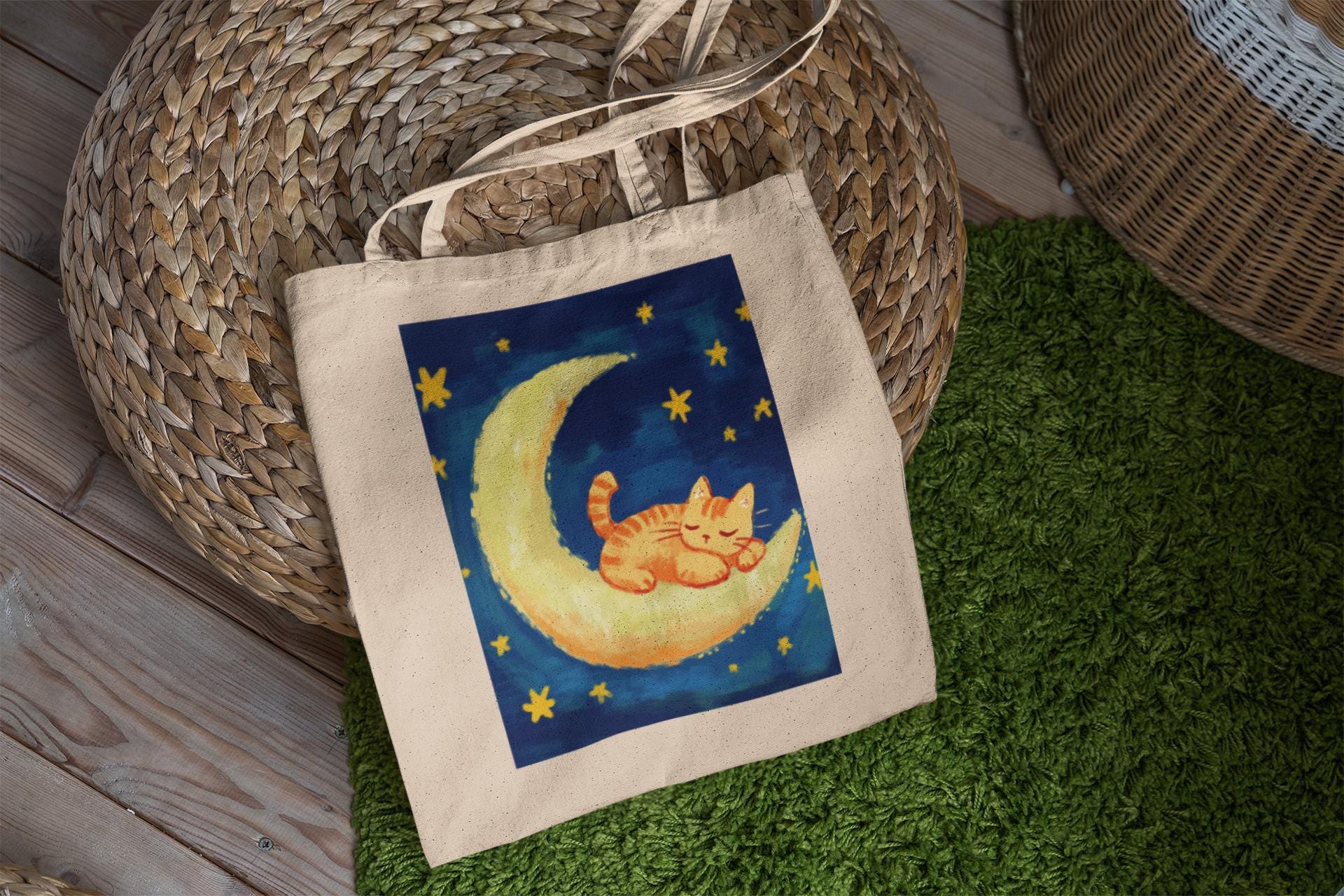 Sleepy Kitty on the Moon Tote Bag