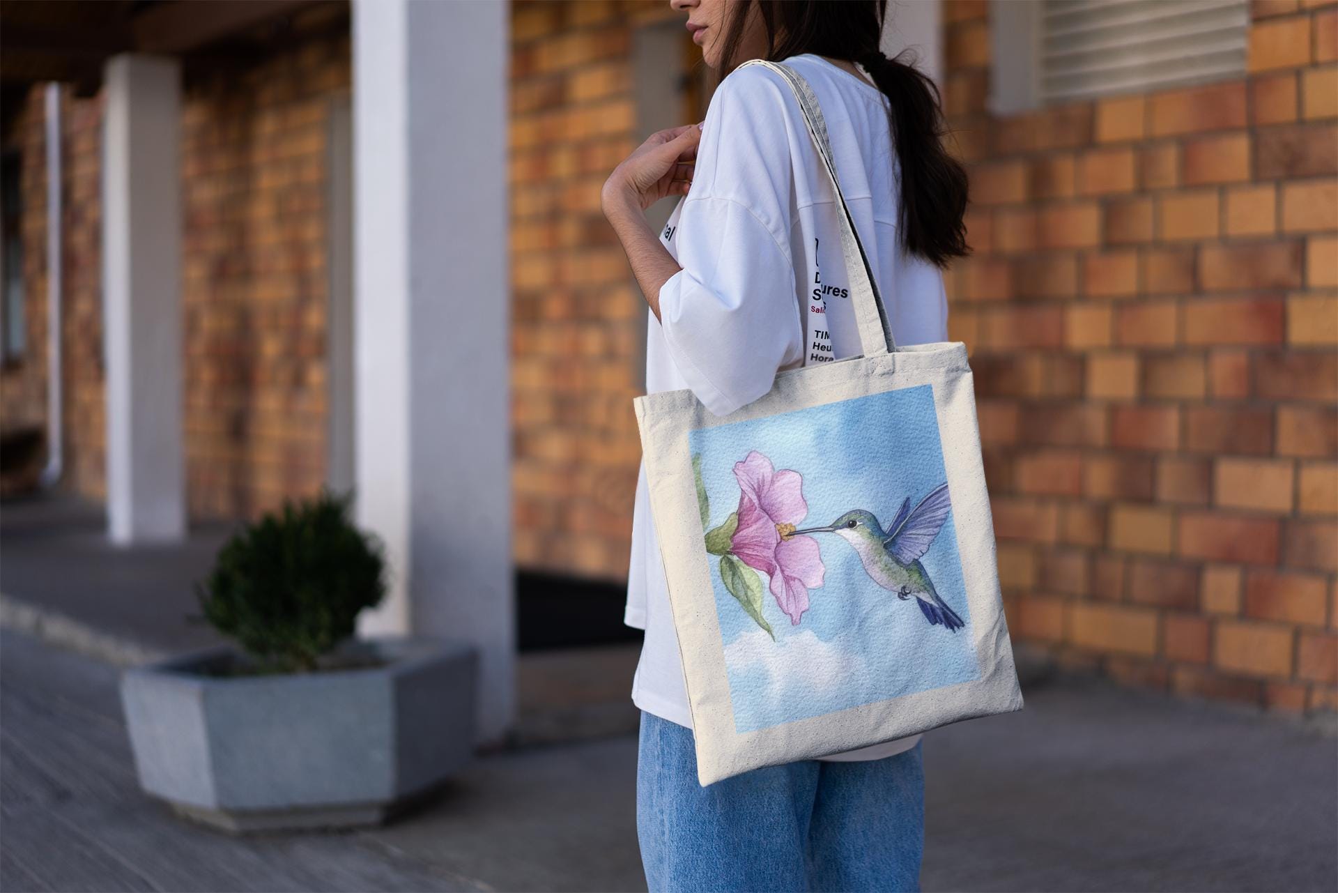 Pink Flower Hummingbird Tote Bag