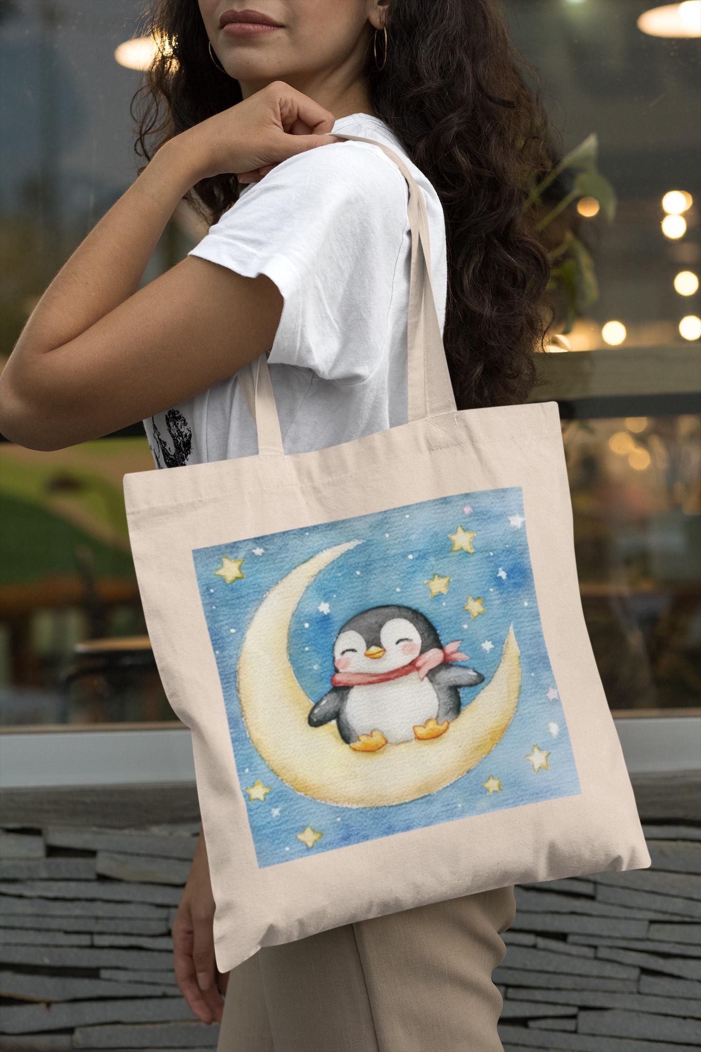 Penguin Sitting on the Moon Tote Bag