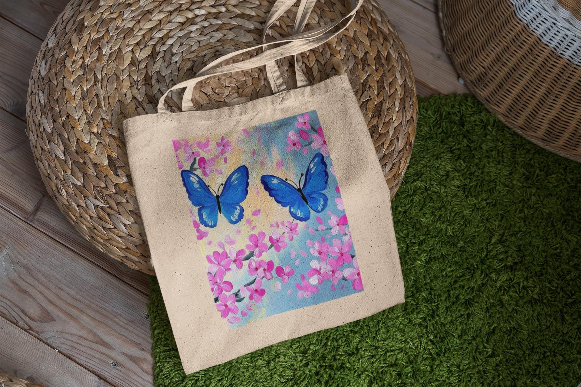 Blue Butterflies Cherry Blossom Tote Bag
