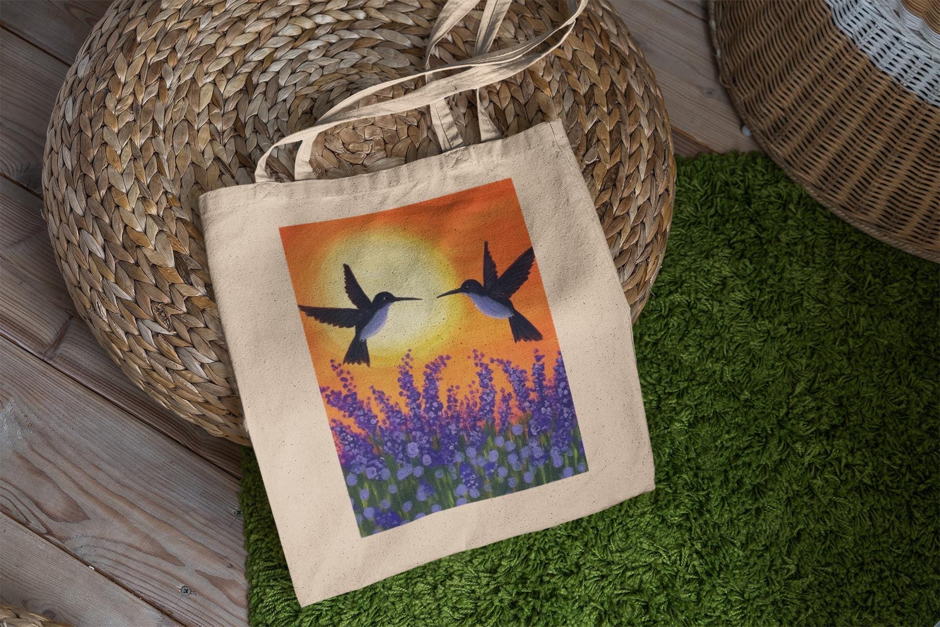Purple Flowers Humming Bird Tote Bag