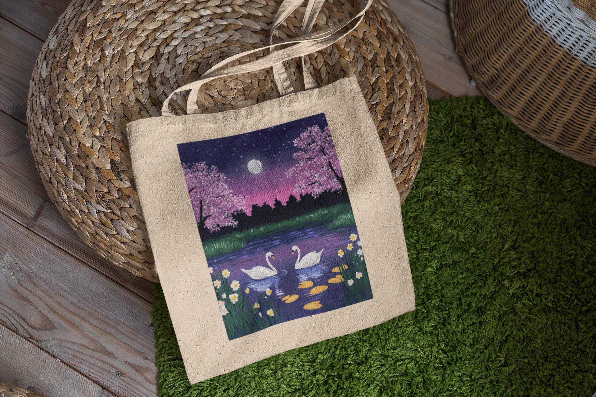Swan Cherry Blossom Tote Bag