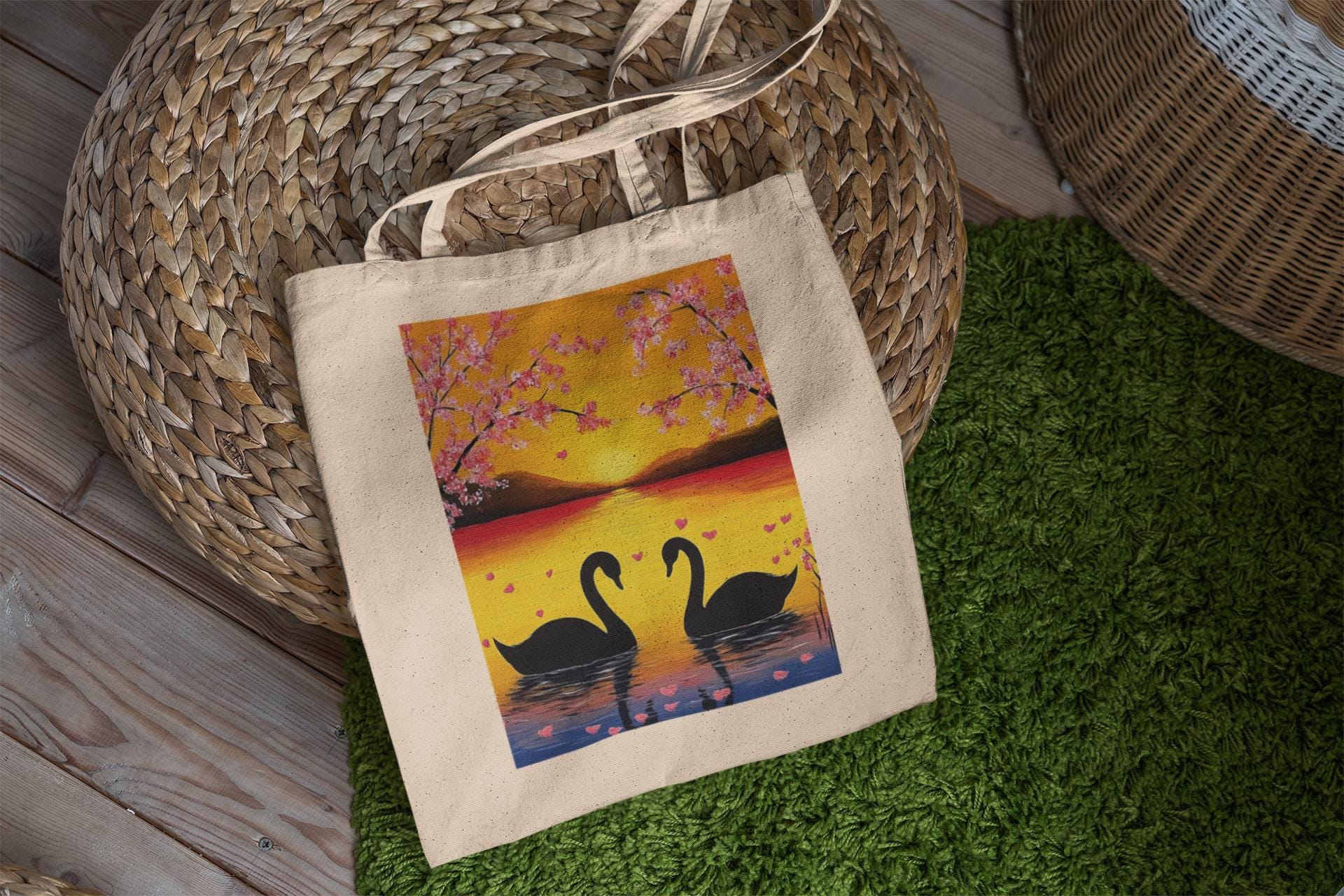 Swan Cherry Blossom Tote Bag