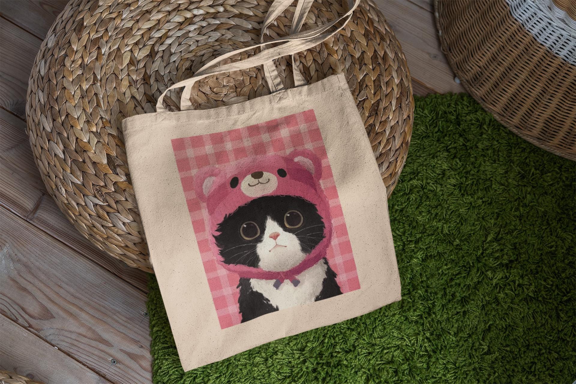 Kitty with Pink Bear Hat Tote Bag