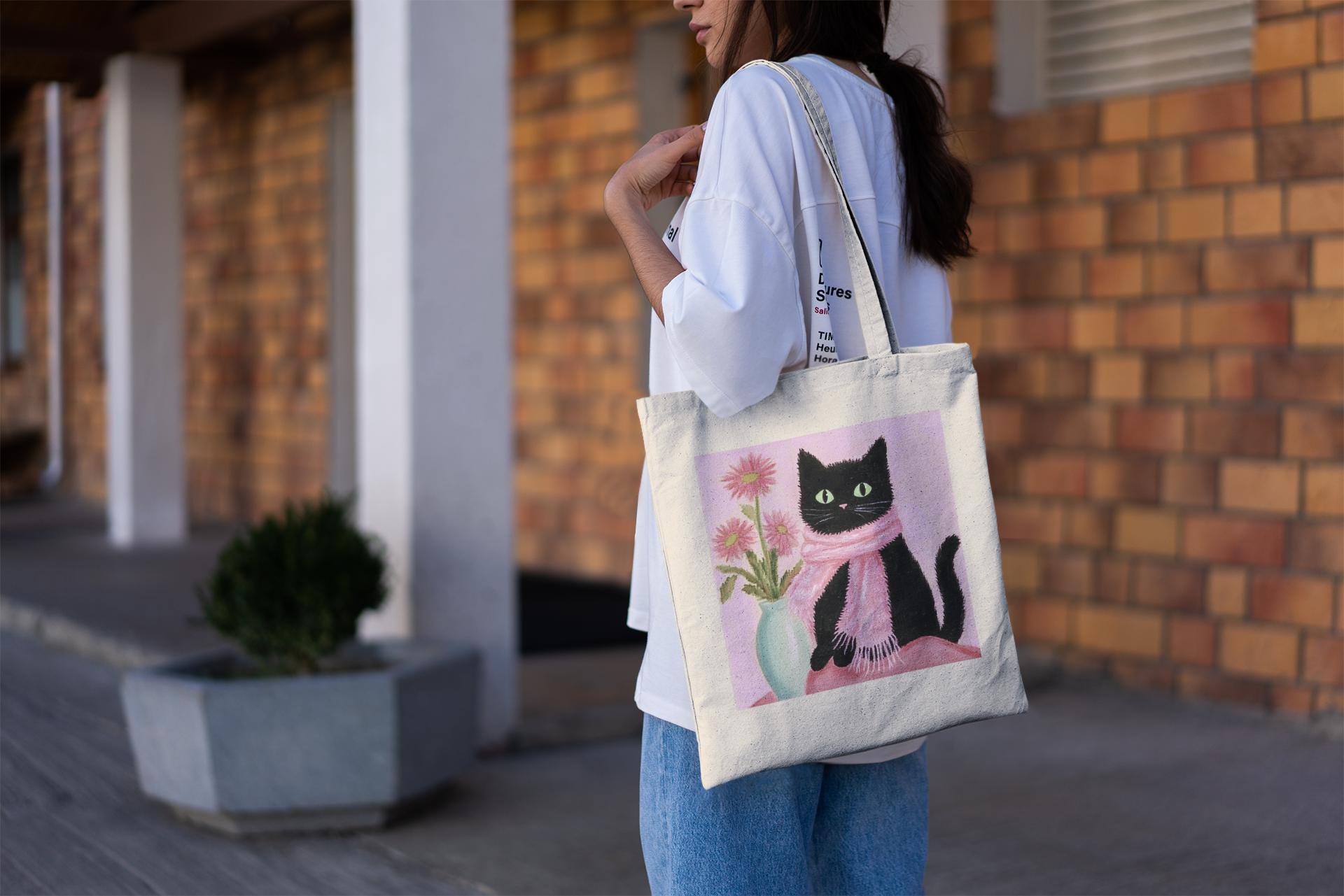 Pink Scarf Black Cat Tote Bag