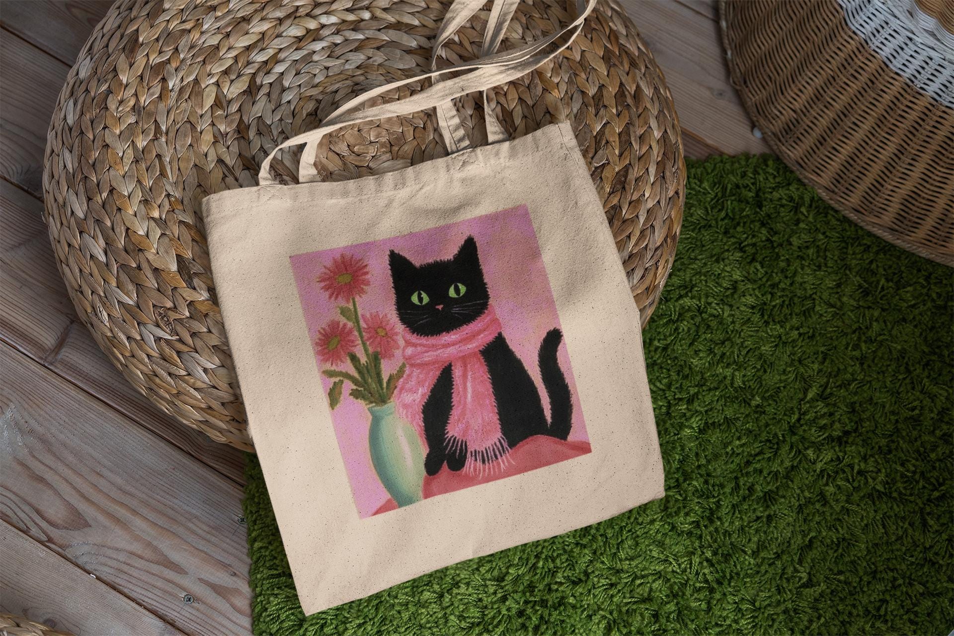Pink Scarf Black Cat Tote Bag