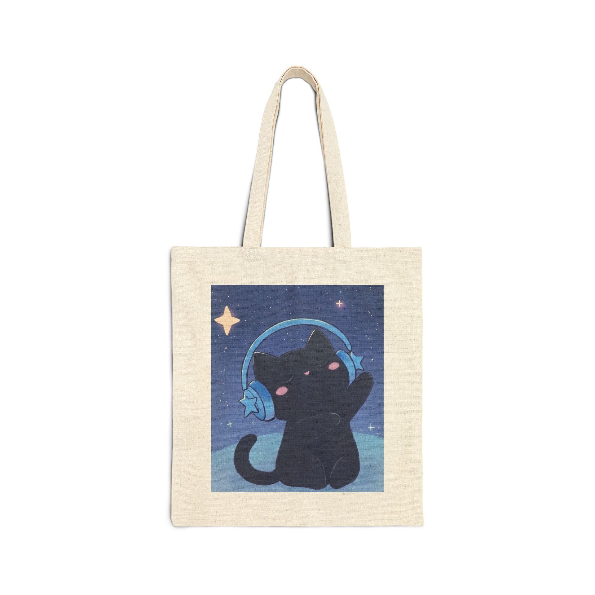 Black Kitty Headphones Tote Bag