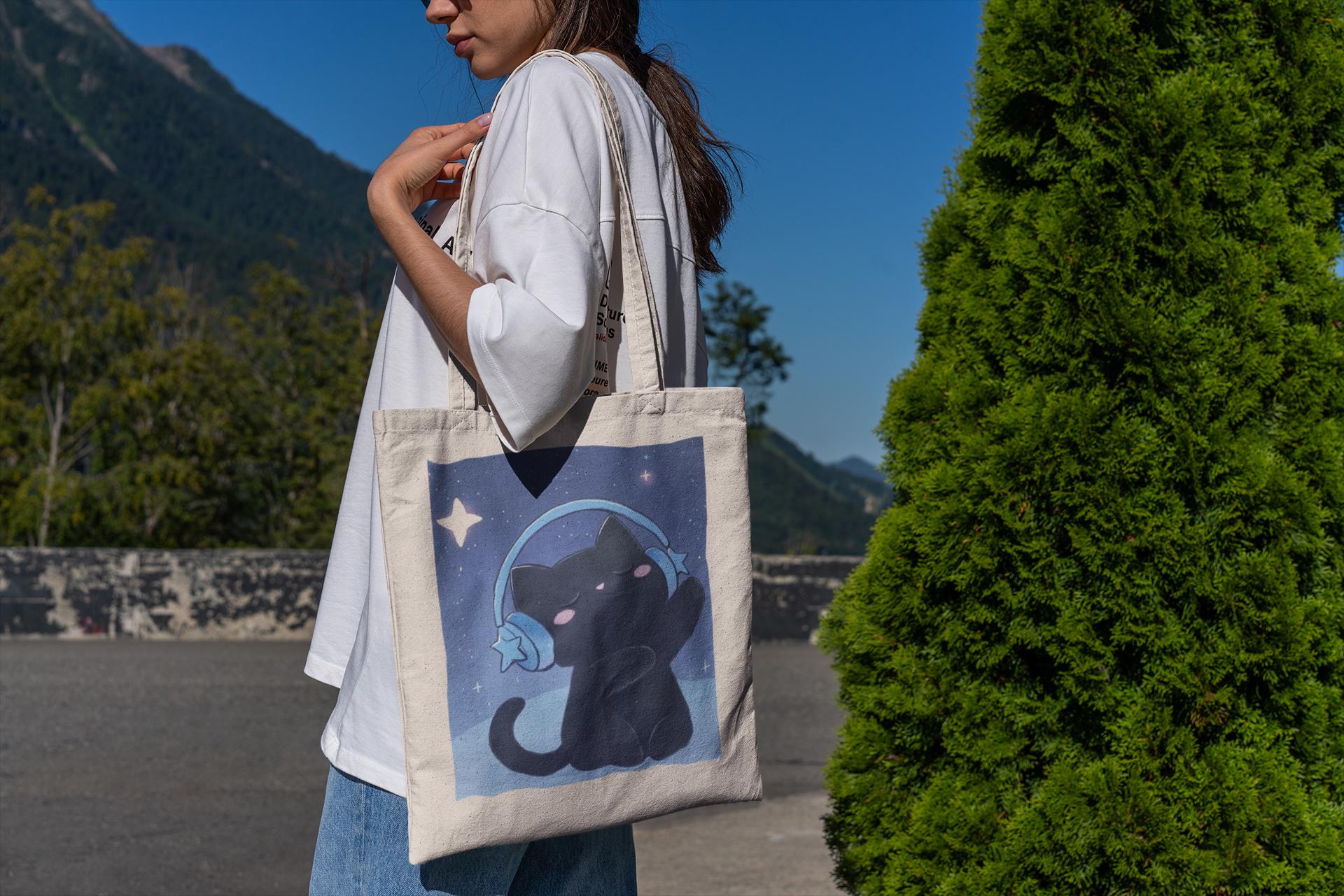 Black Kitty Headphones Tote Bag