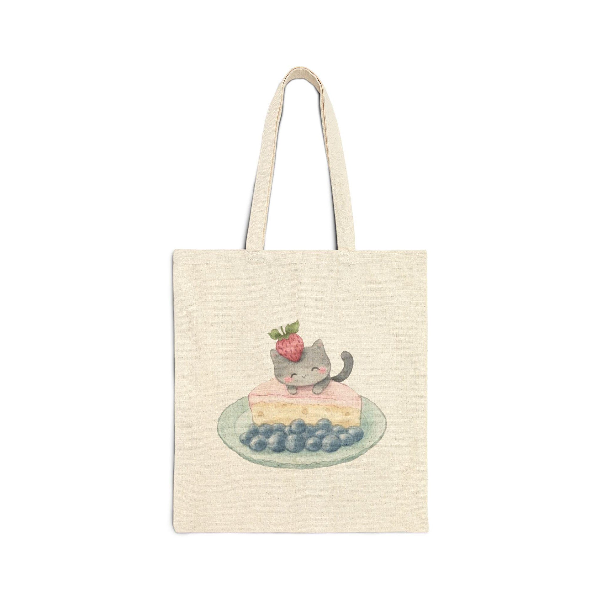 Grey Cat Strawberry Cake Blueberries Tote Bag