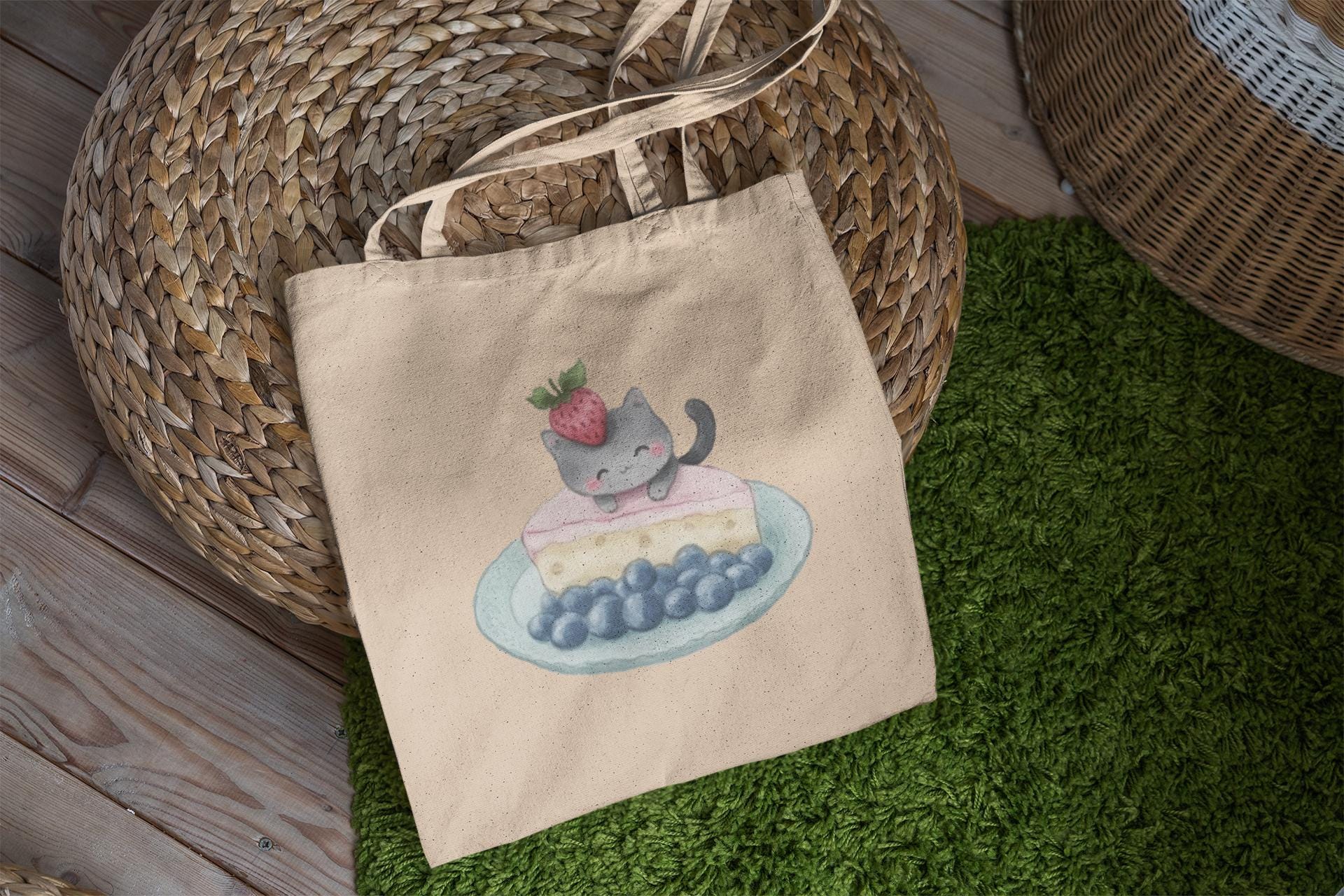 Grey Cat Strawberry Cake Blueberries Tote Bag