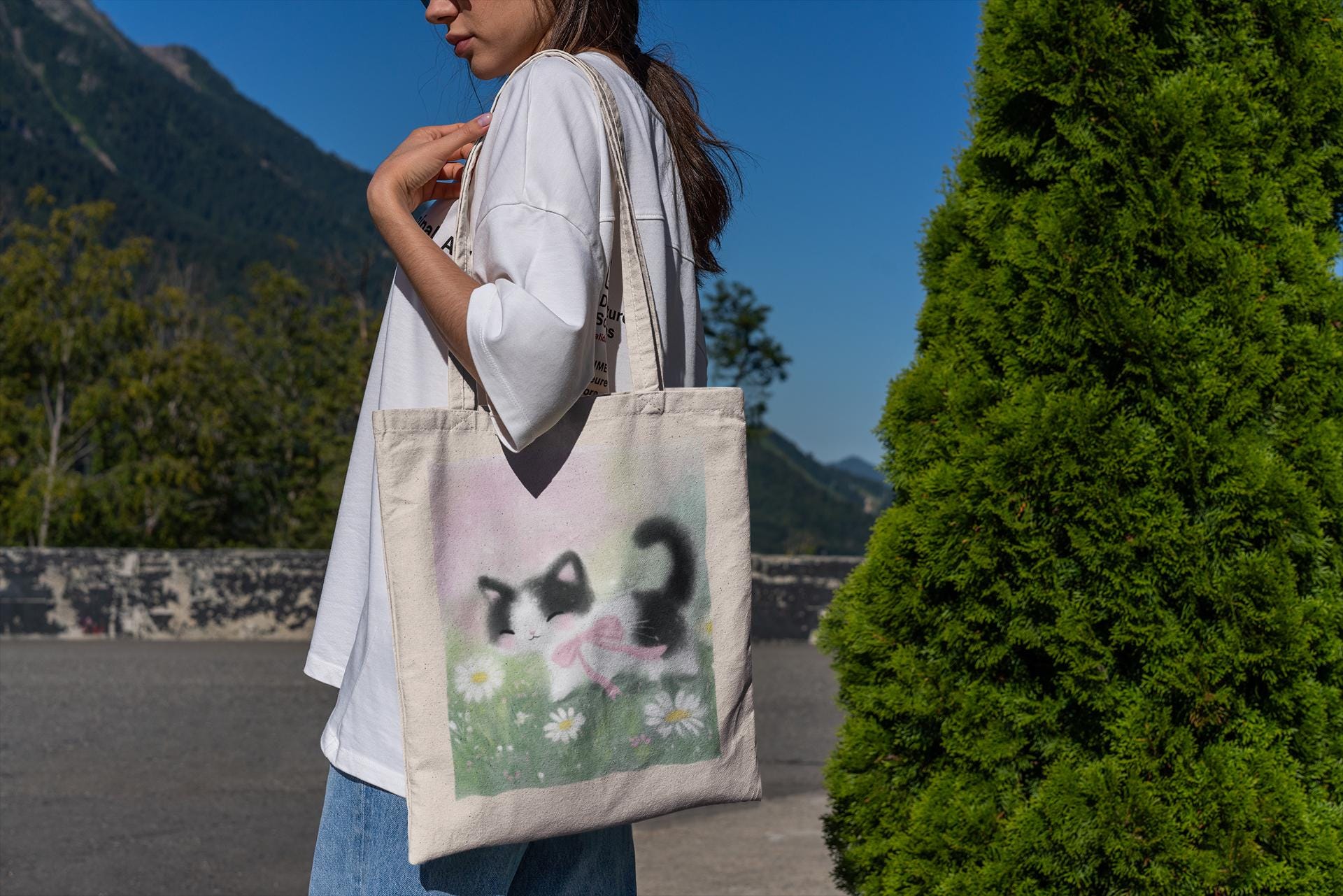 White Kitty Coquette Tote Bag