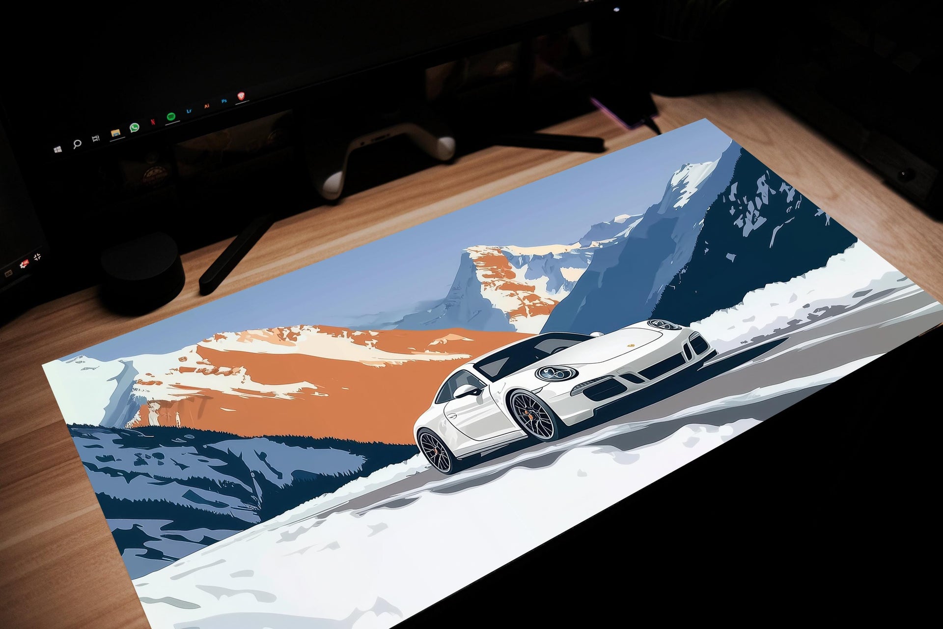 Desk mat with a car design on a desk